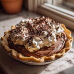 A whole french silk pie featuring rich chocolate filling, mounds of whipped cream, and chocolate shavings.