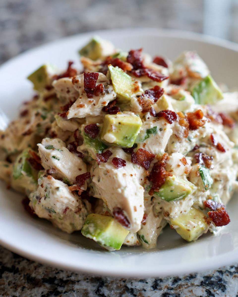 Close-up of creamy honey mustard chicken salad mixed with chunks of avocado and topped with crispy bacon bits.