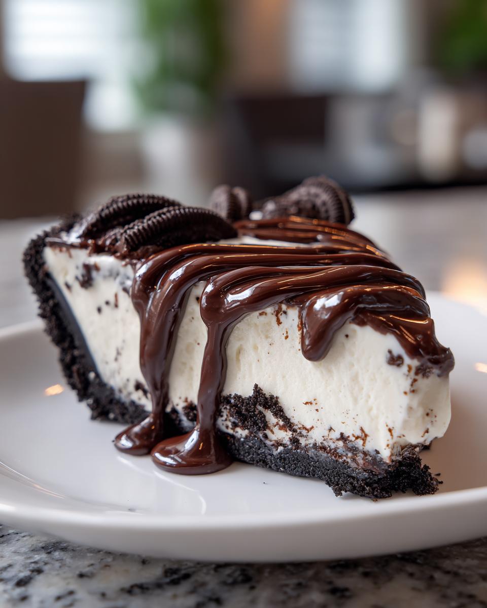 A decadent slice of ice cream pie with a dark cookie crust, topped with thick chocolate fudge and whole cookies.