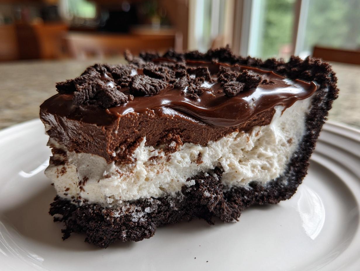 Close-up of a decadent slice of ice cream pie with a dark chocolate crust, white filling, and chocolate topping.