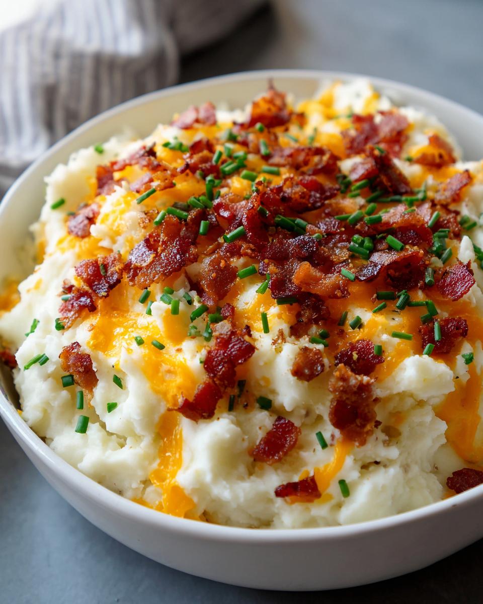 A close-up of creamy loaded mashed potatoes topped generously with melted cheddar cheese, crispy bacon bits, and fresh chives.
