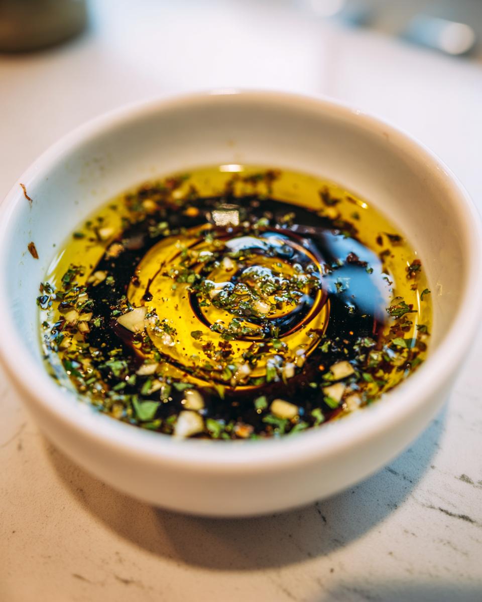 Close-up of a white bowl containing olive oil bread dip with balsamic vinegar, herbs, and garlic.