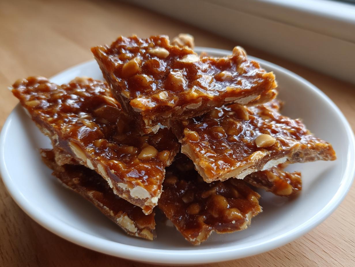Close-up of broken pieces of glossy, amber peanut brittle recipe stacked in a small white bowl.