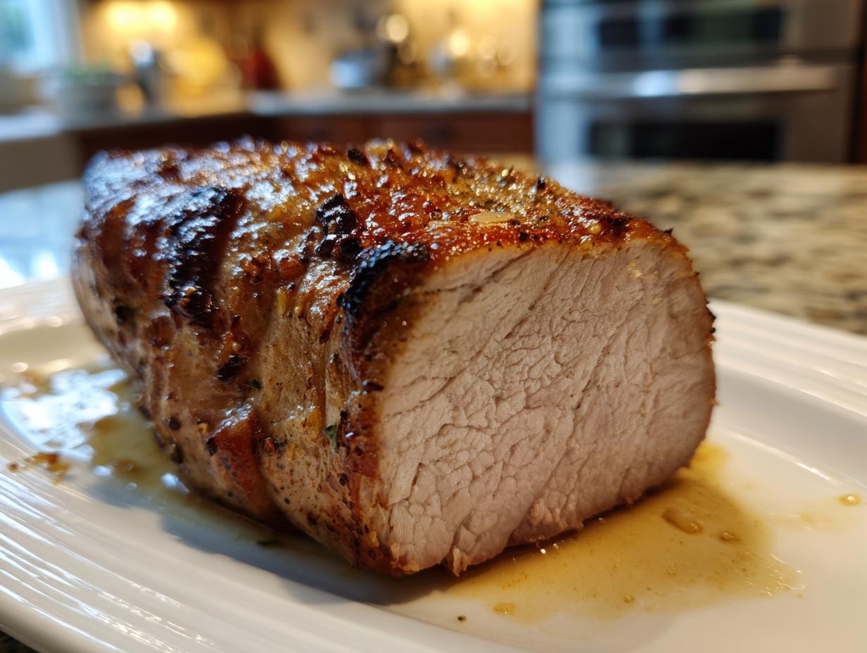 Close-up of a juicy, roasted pork tenderloin recipe, sliced to show the tender interior and caramelized crust.