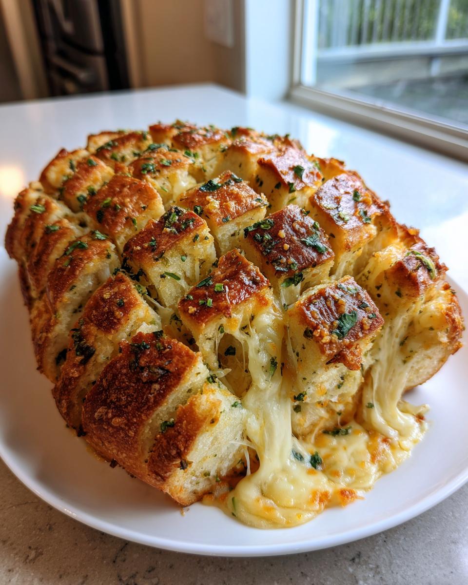 Close-up of a baked loaf of pull-apart cheese bread, scored into cubes, with strings of melted cheese oozing out.