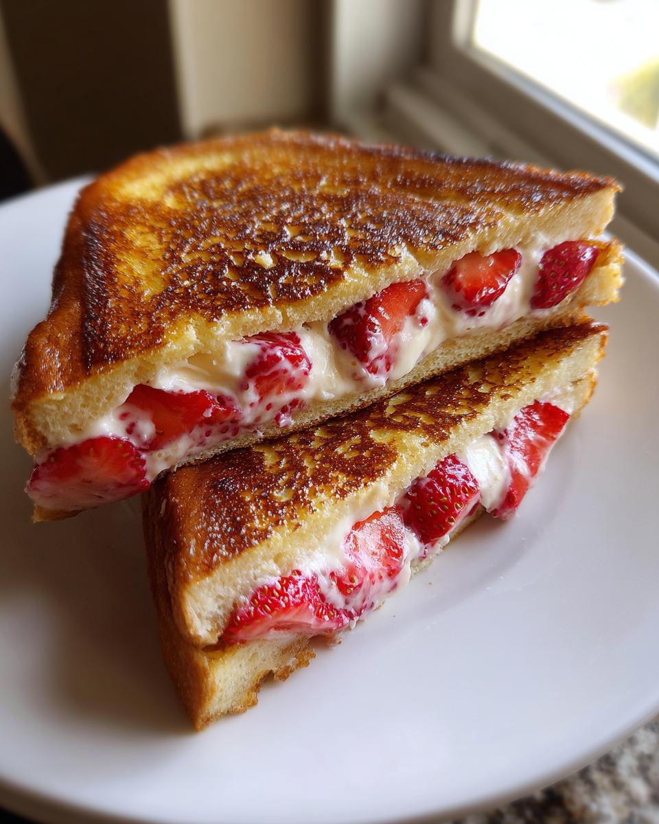 Two halves of golden brown stuffed french toast filled with cream cheese and fresh strawberries.