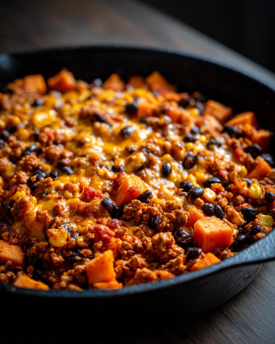 Close-up of a savory sweet potato skillet with ground meat, black beans, and melted cheddar cheese in a black cast iron pan.