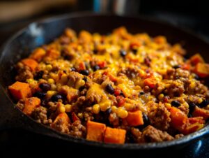Close-up of a savory sweet potato skillet with ground meat, black beans, corn, and melted cheddar cheese.