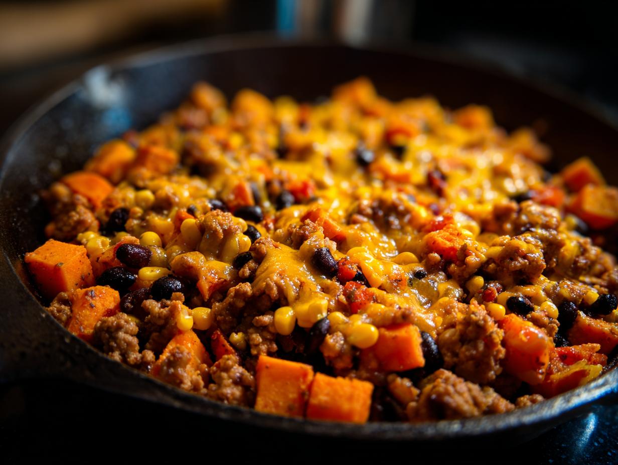 Close-up of a savory sweet potato skillet with ground meat, black beans, corn, and melted cheddar cheese.