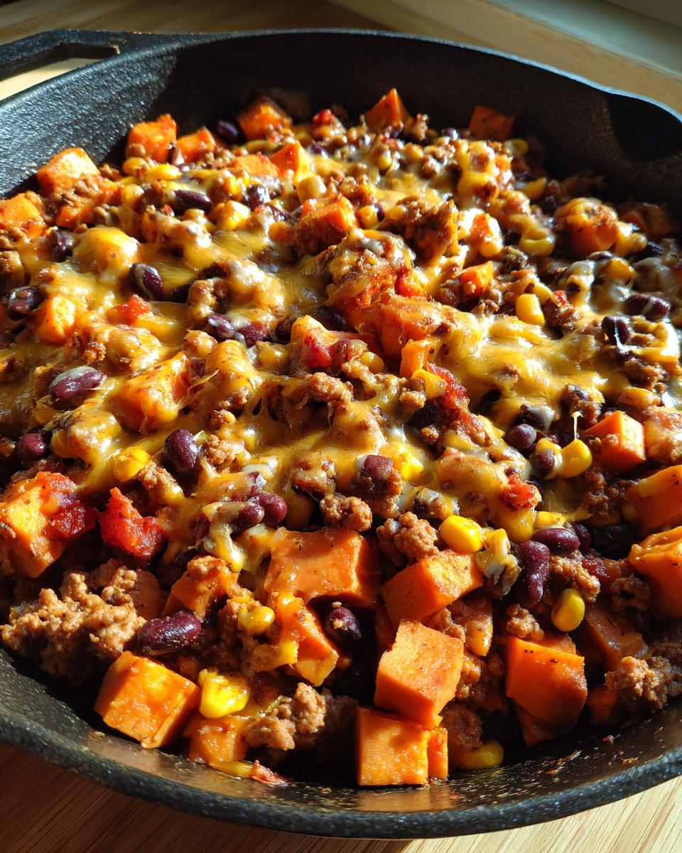 Close-up of a hearty sweet potato skillet topped with melted cheese, ground meat, black beans, and corn.