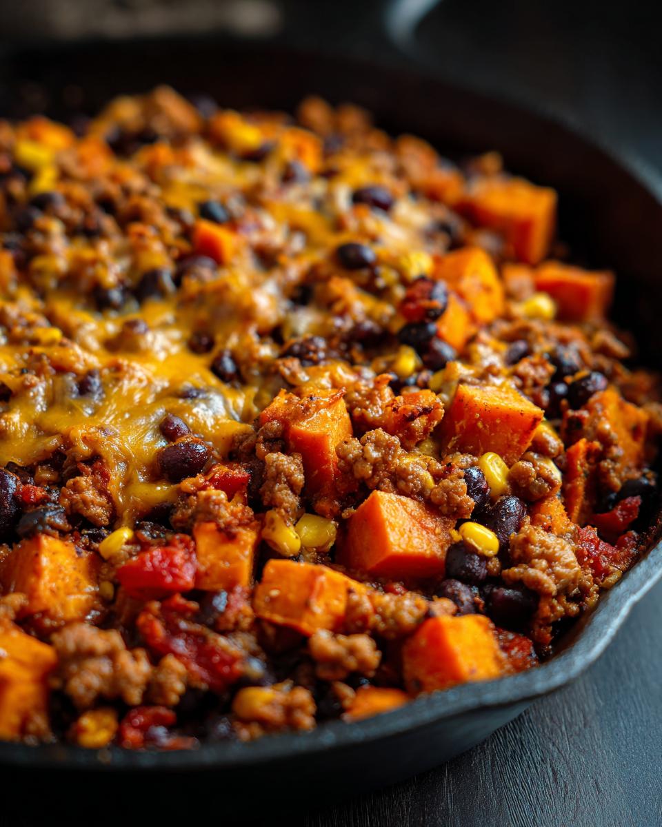 Close-up of a hearty sweet potato skillet featuring chunks of orange sweet potato, ground meat, black beans, corn, and melted cheddar cheese.