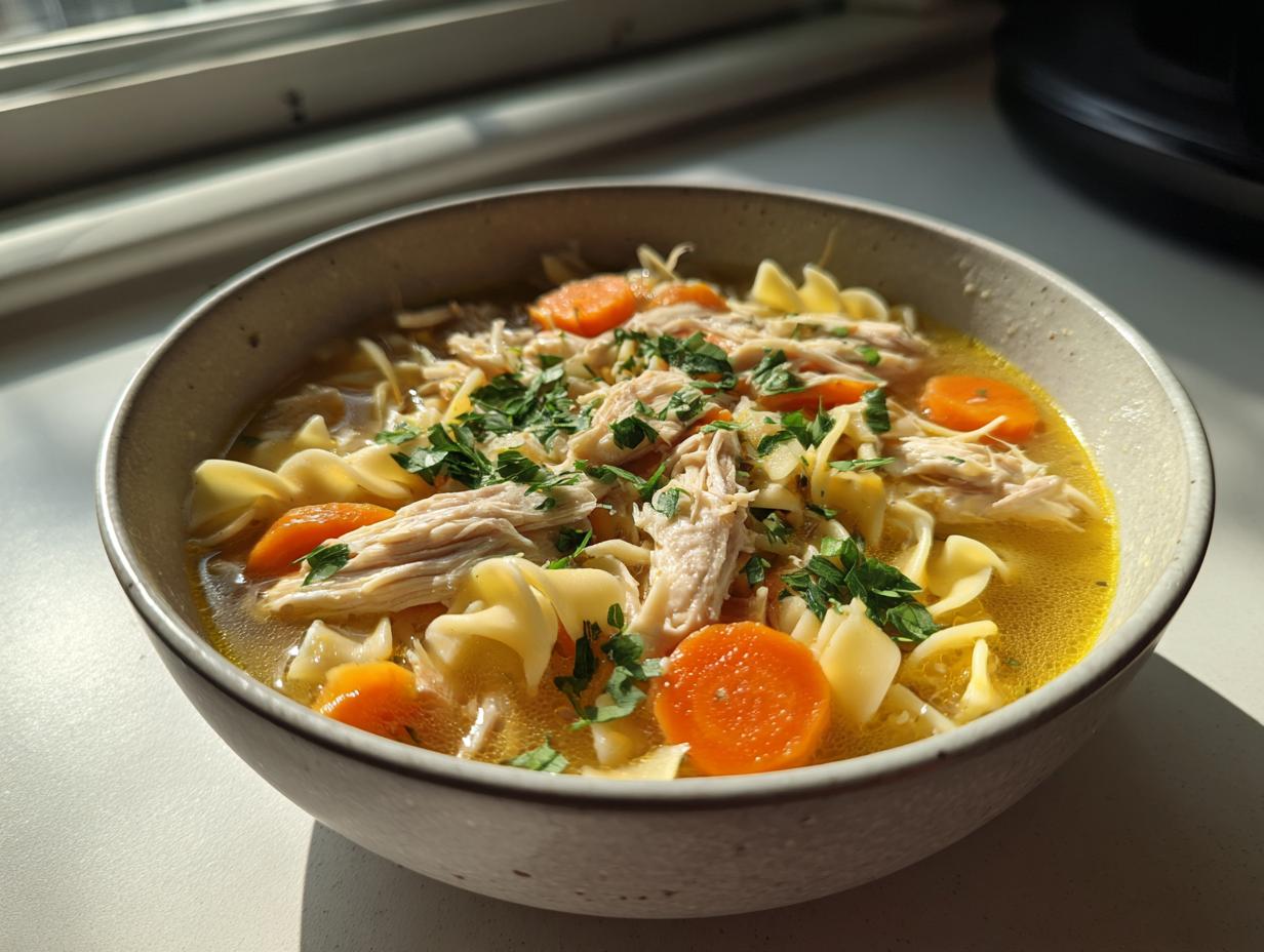 A close-up of a rustic bowl filled with amazing turkey noodle soup, featuring shredded turkey, egg noodles, and bright carrot slices.