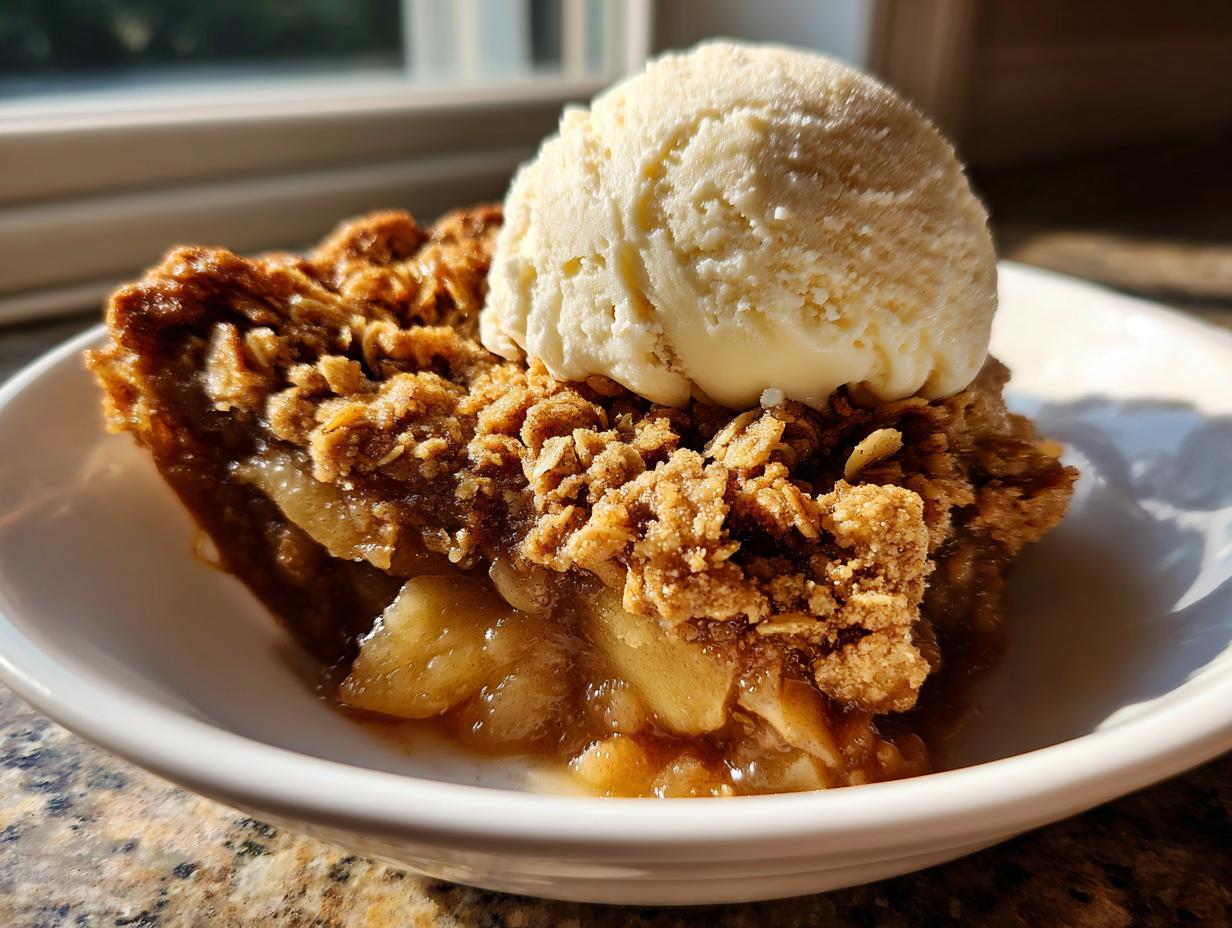 A close-up of a warm slice of apple crisp recipe topped with a scoop of melting vanilla ice cream in a white bowl.