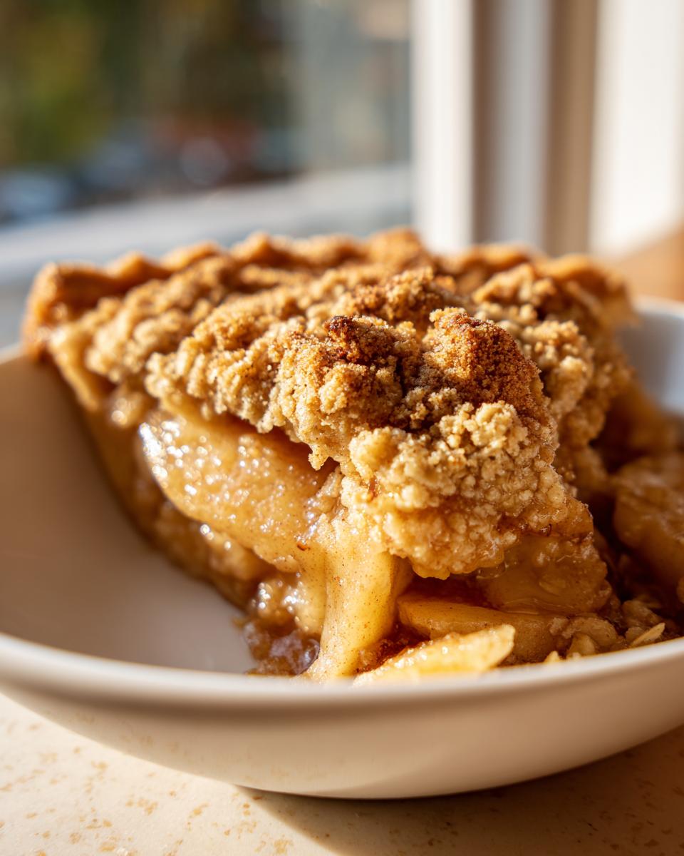 Close-up of a warm slice of apple crisp recipe served in a white bowl, showing gooey apples and a thick, crunchy topping.