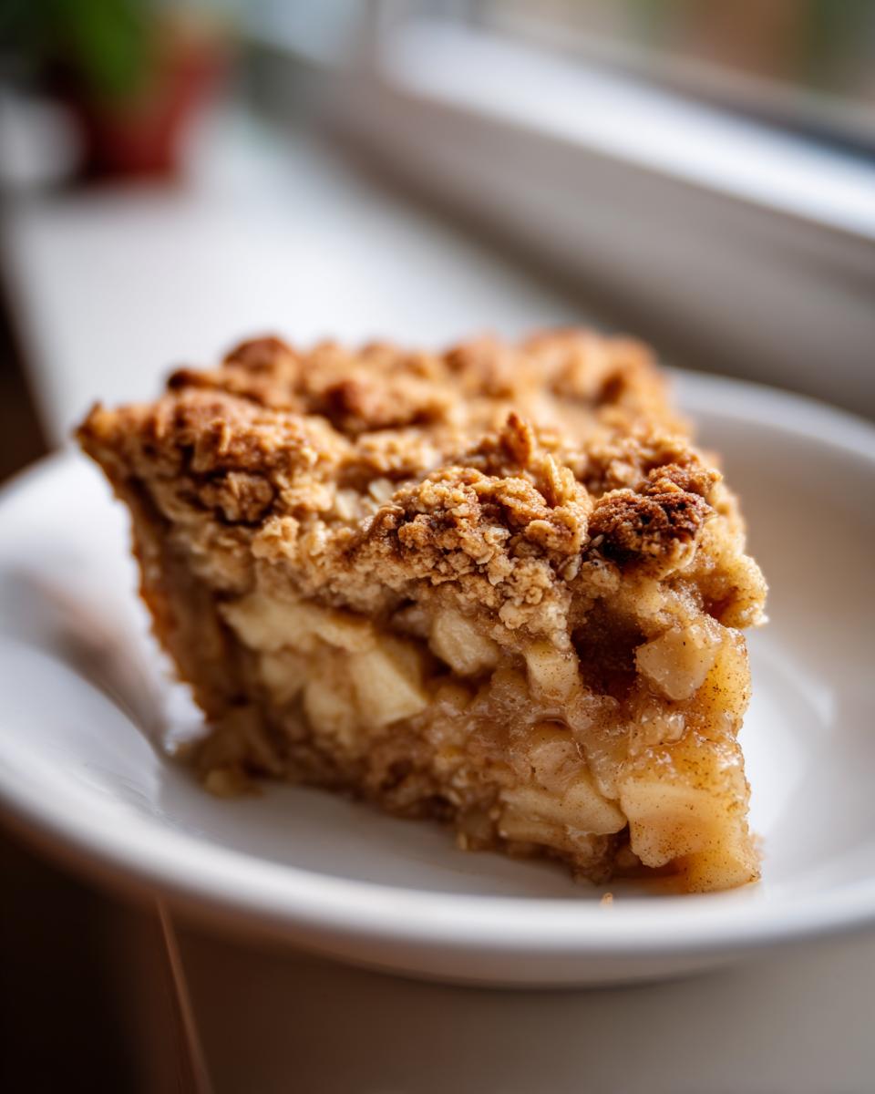 Close-up of a generous slice of apple crisp recipe showing tender spiced apples and a thick, golden brown oat crumble topping.