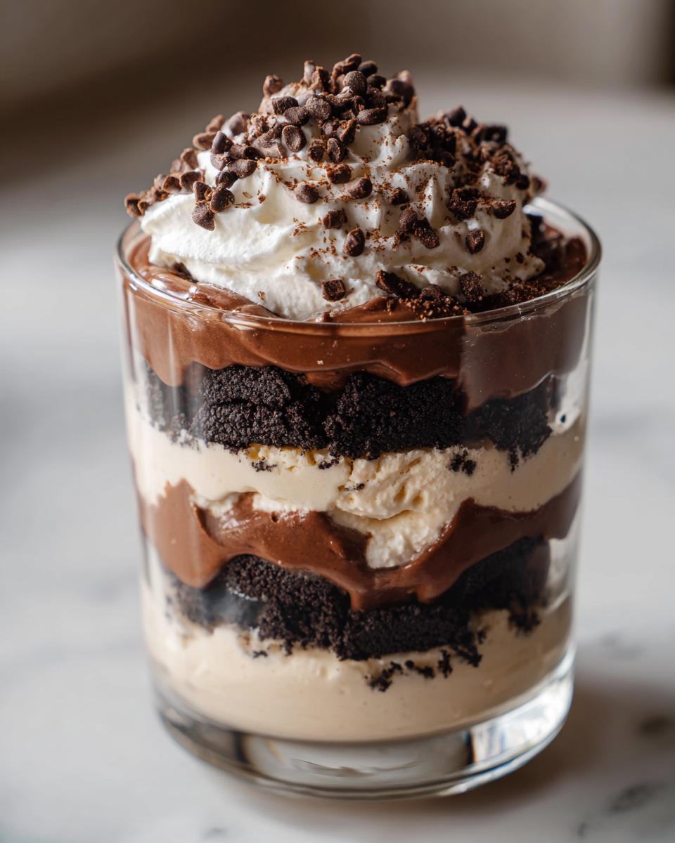 Close-up of a layered Baileys Chocolate Cheesecake Trifle in a clear glass, topped with whipped cream and mini chocolate chips.