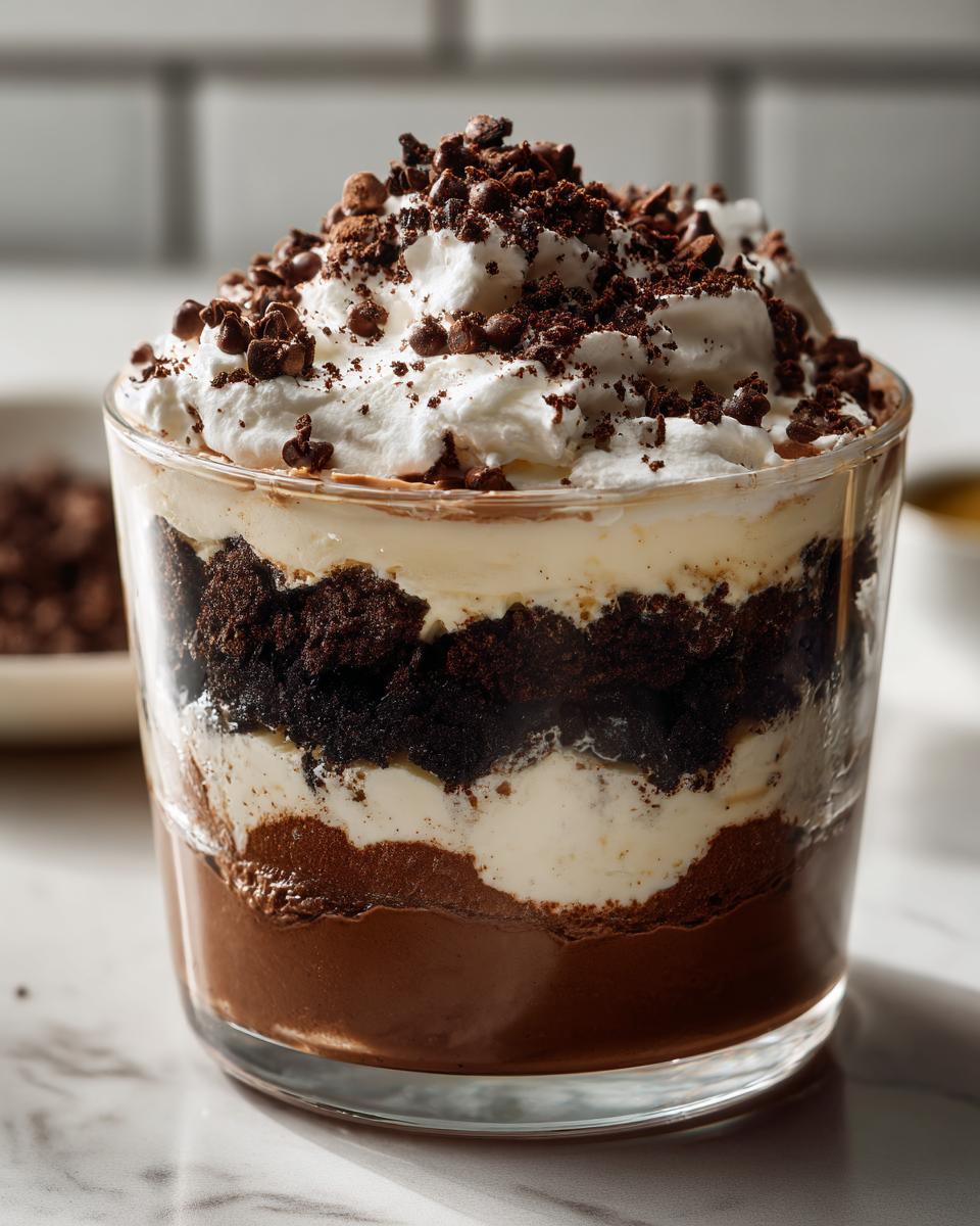 Close-up of a layered Baileys Chocolate Cheesecake Trifle served in a clear glass, topped with whipped cream and chocolate shavings.