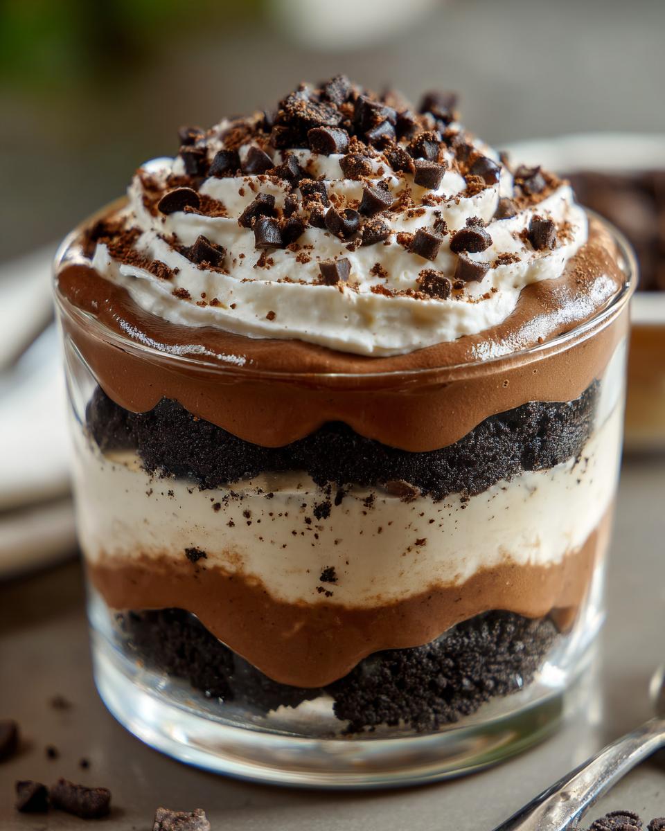Close-up of a layered Baileys Chocolate Cheesecake Trifle in a glass, topped with whipped cream and chocolate chips.