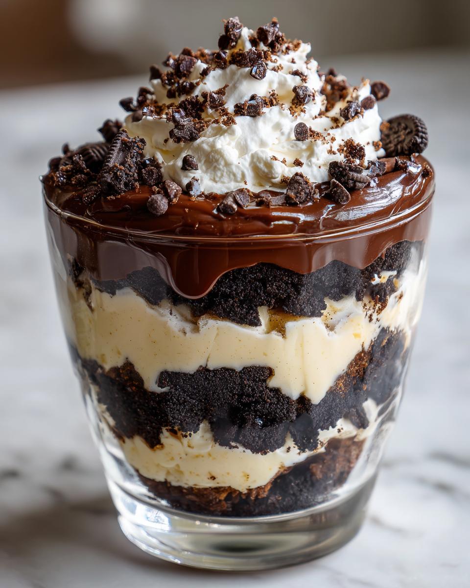 Close-up of a layered Baileys Chocolate Cheesecake Trifle featuring dark chocolate cake, creamy filling, chocolate sauce, and whipped cream.