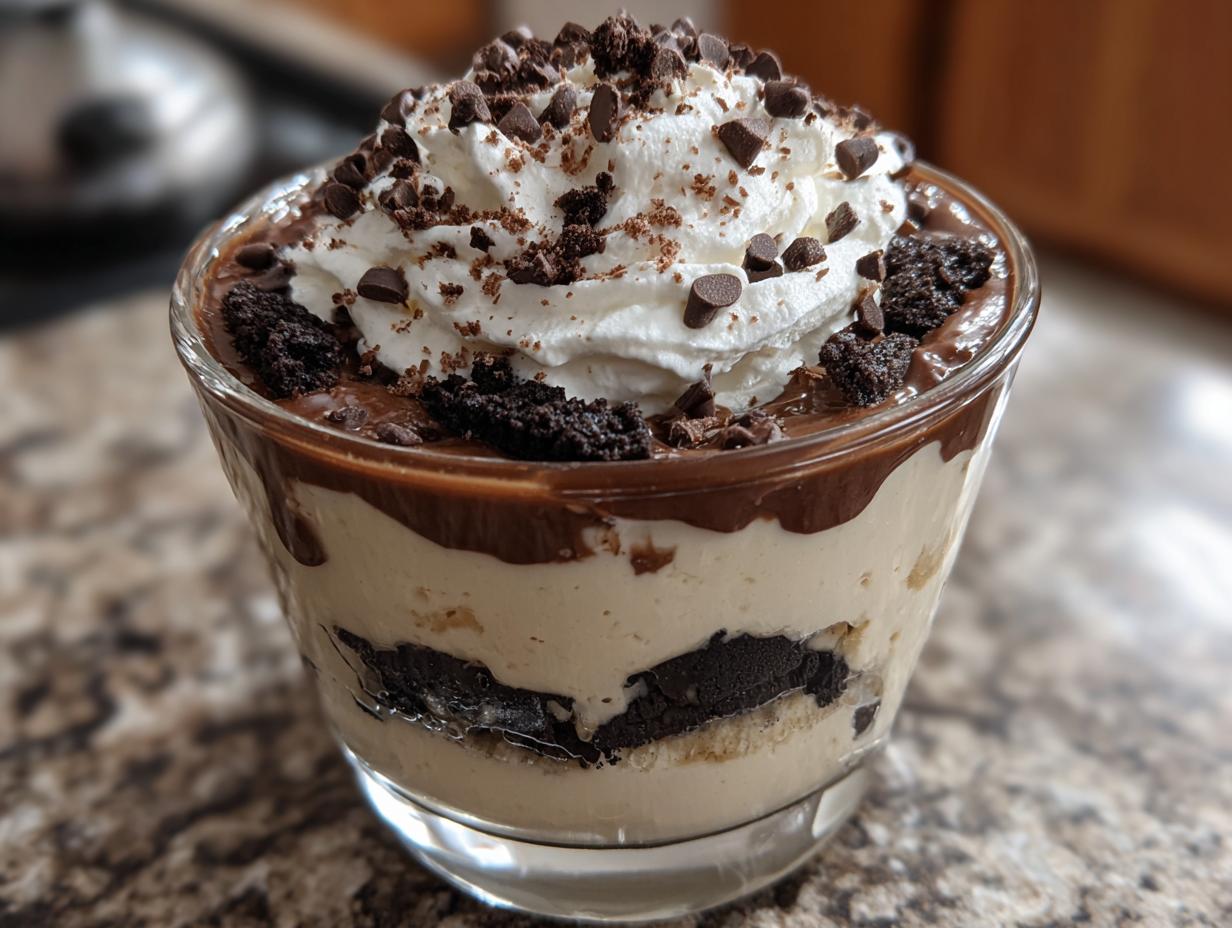 Close-up of a single serving Baileys Chocolate Cheesecake Trifle layered with cream, chocolate sauce, and cookie crumbs.
