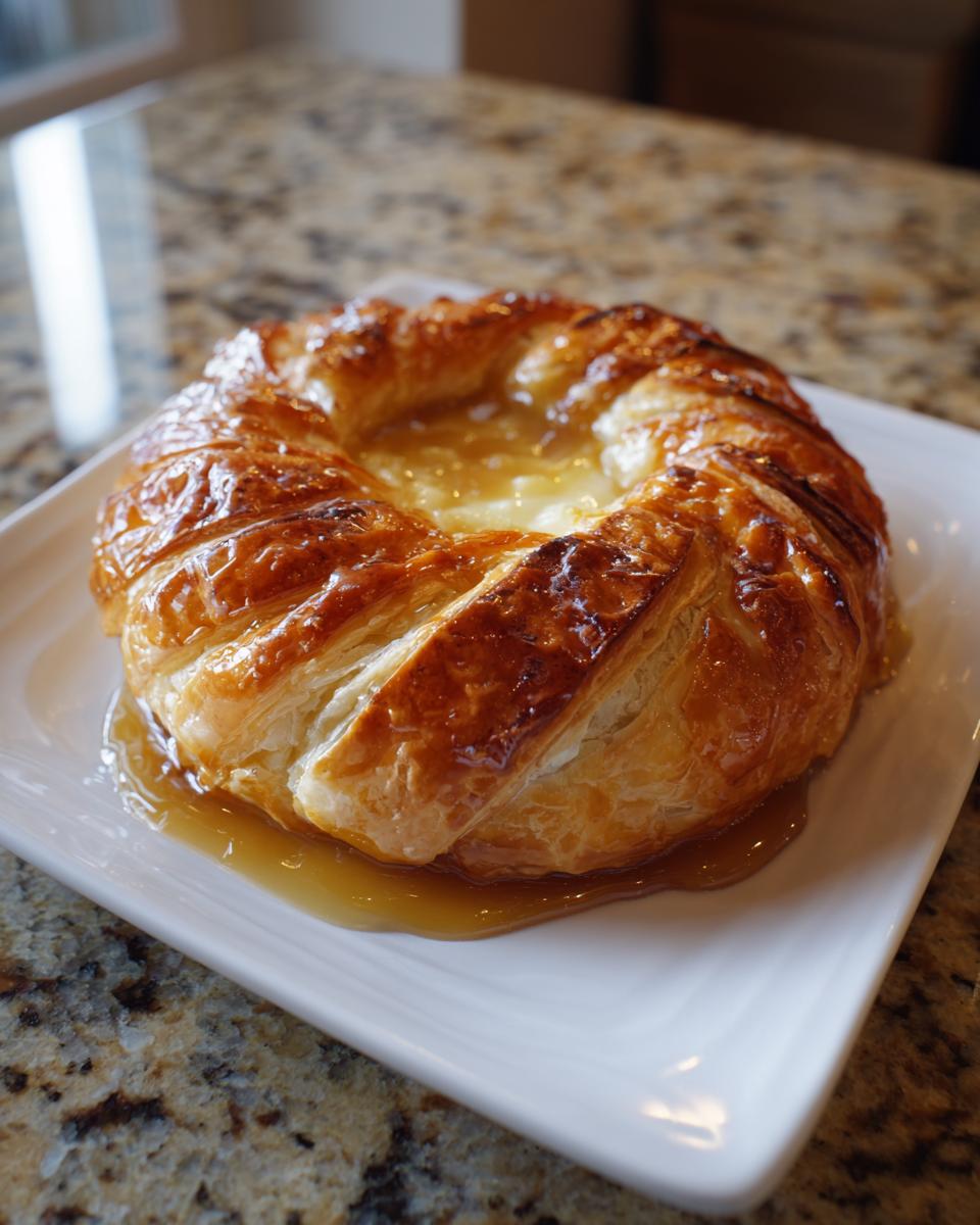 A golden brown baked brie in puff pastry, drizzled with a sweet glaze, served on a white plate.