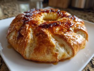 A perfectly golden baked brie in puff pastry, drizzled with a shiny, caramelized glaze.