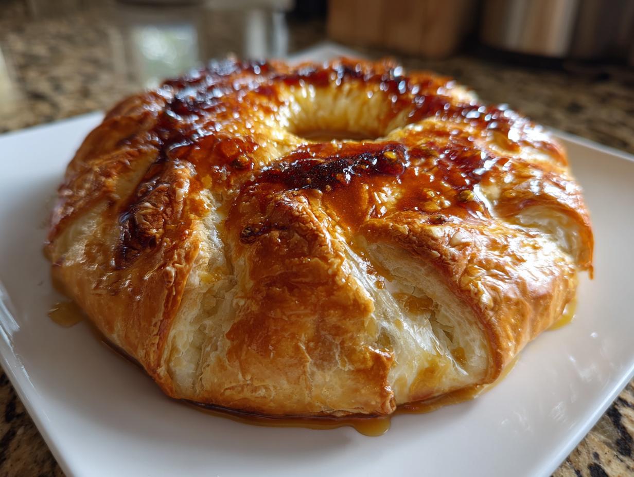 A perfectly golden baked brie in puff pastry, drizzled with a shiny, caramelized glaze.