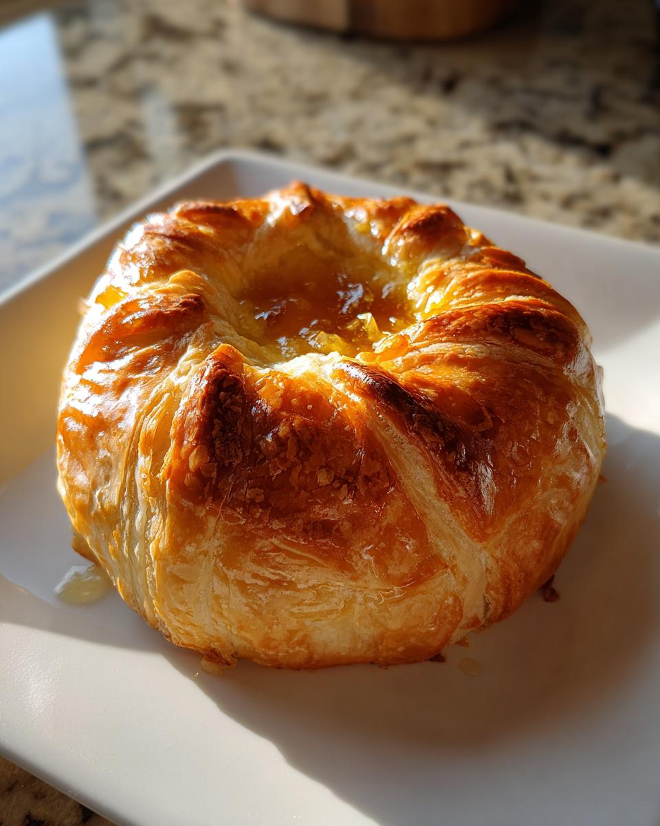 A perfectly golden brown baked brie in puff pastry, glistening with a sweet glaze on top.