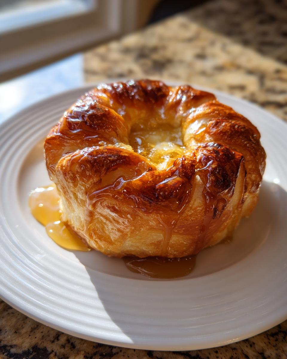 A golden brown baked brie in puff pastry drizzled with honey, sitting on a white plate.