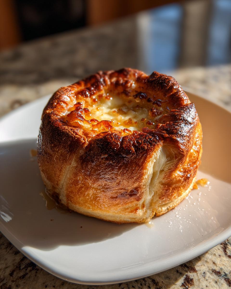 A single serving of baked brie in puff pastry, golden brown and bubbling, served on a white plate.