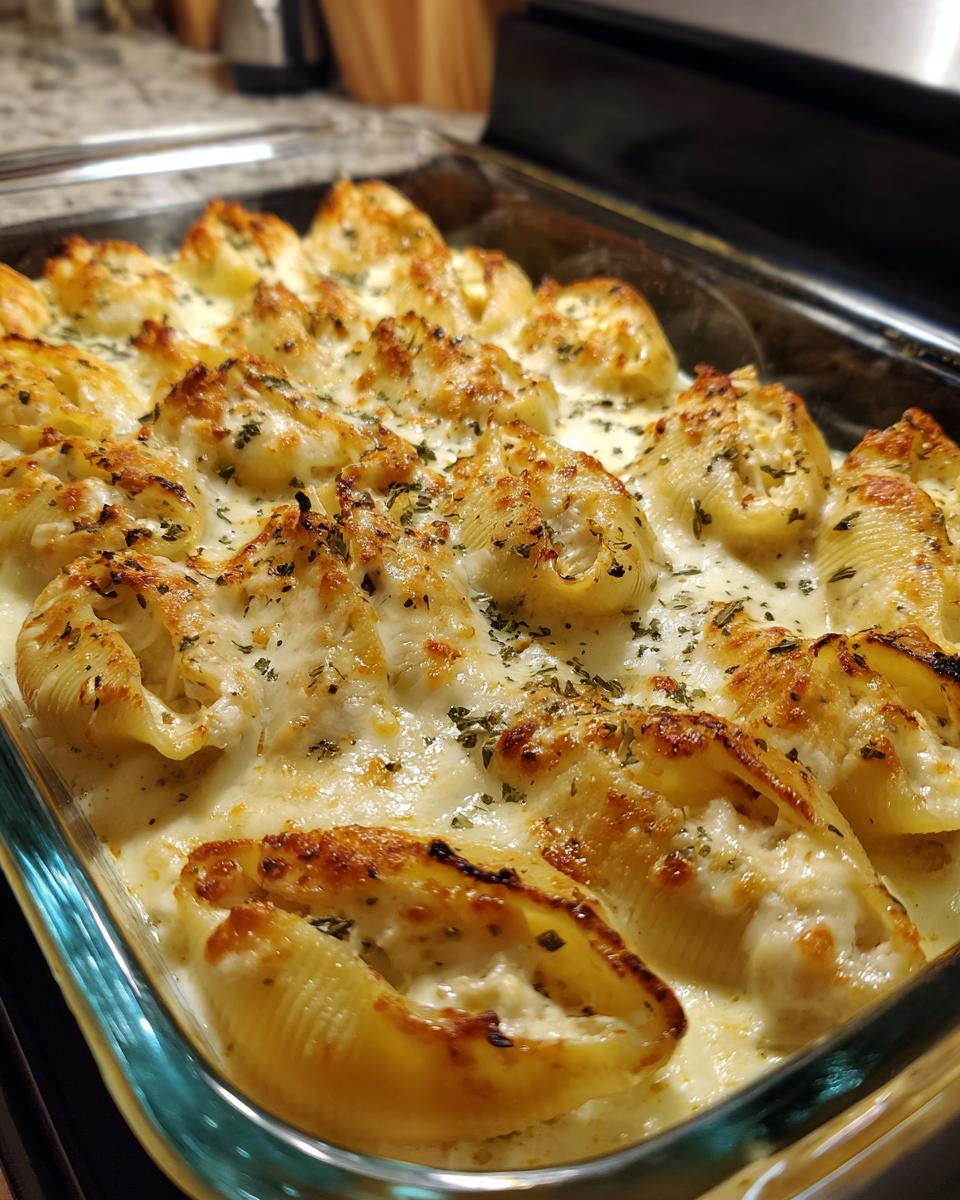 Close-up of baked chicken alfredo stuffed shells covered in creamy sauce and browned cheese.