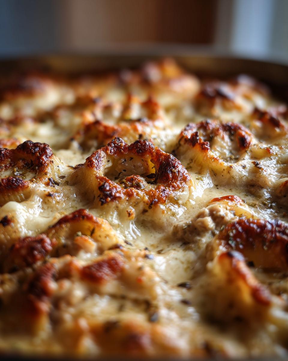 Close-up of baked chicken alfredo stuffed shells bubbling with creamy sauce and browned, herbed cheese topping.