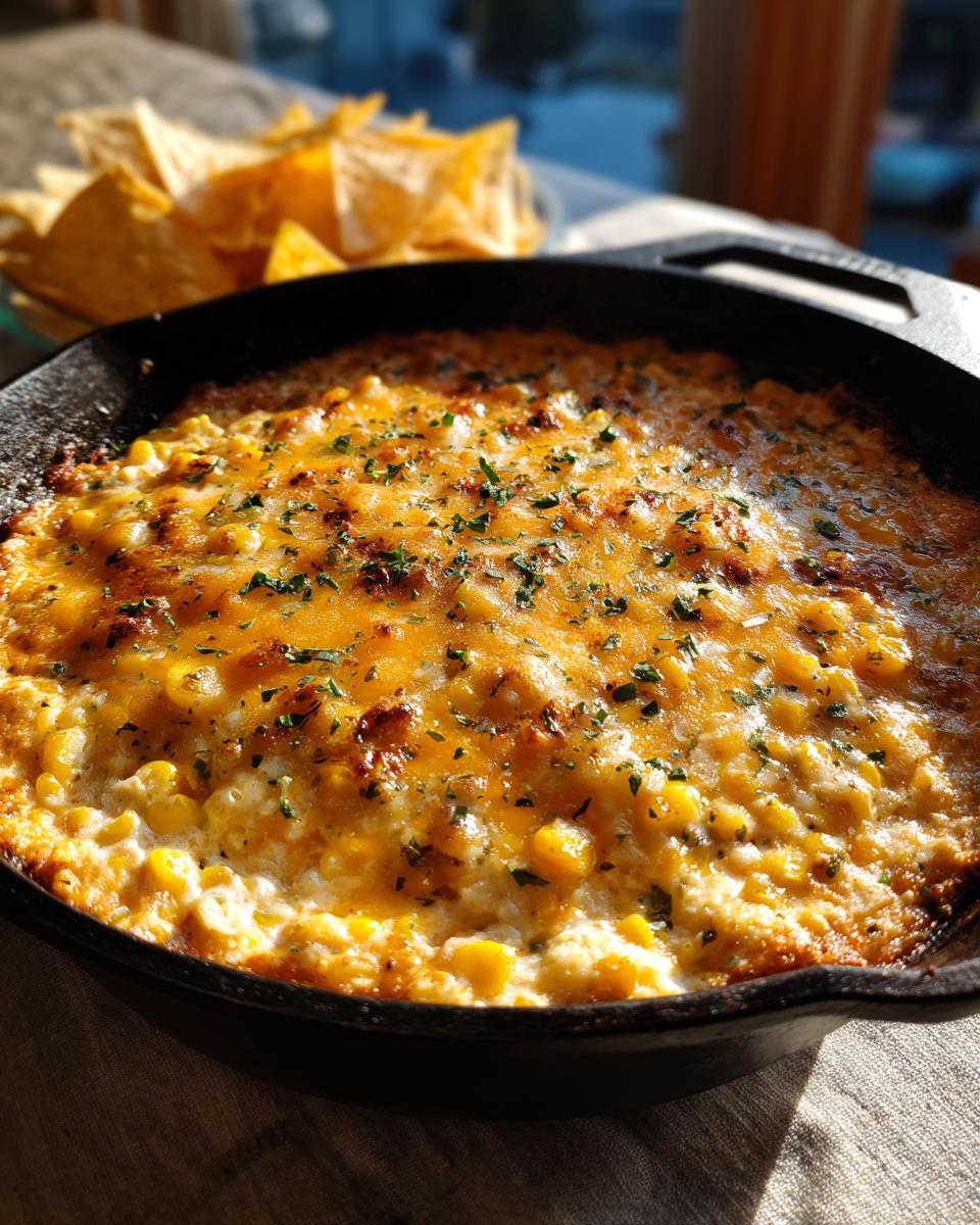 Close-up of a bubbling, cheesy baked elote dip in a cast iron skillet, garnished with herbs.