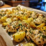 Close-up of baked garlic parmesan chicken and potatoes pieces seasoned with herbs on a parchment-lined baking sheet.