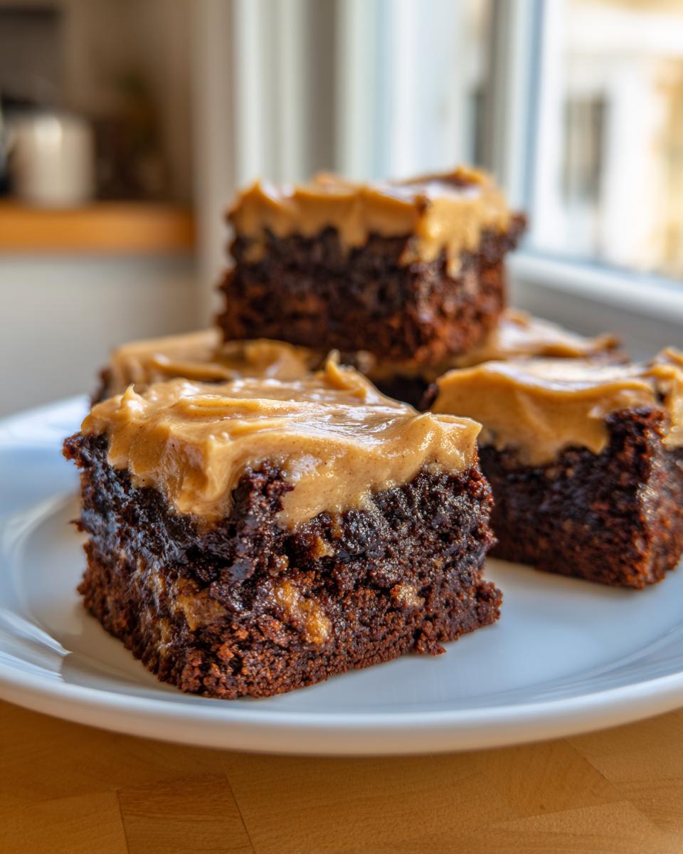 Close-up of rich, dark banana bread brownies topped with thick peanut butter frosting on a white plate.