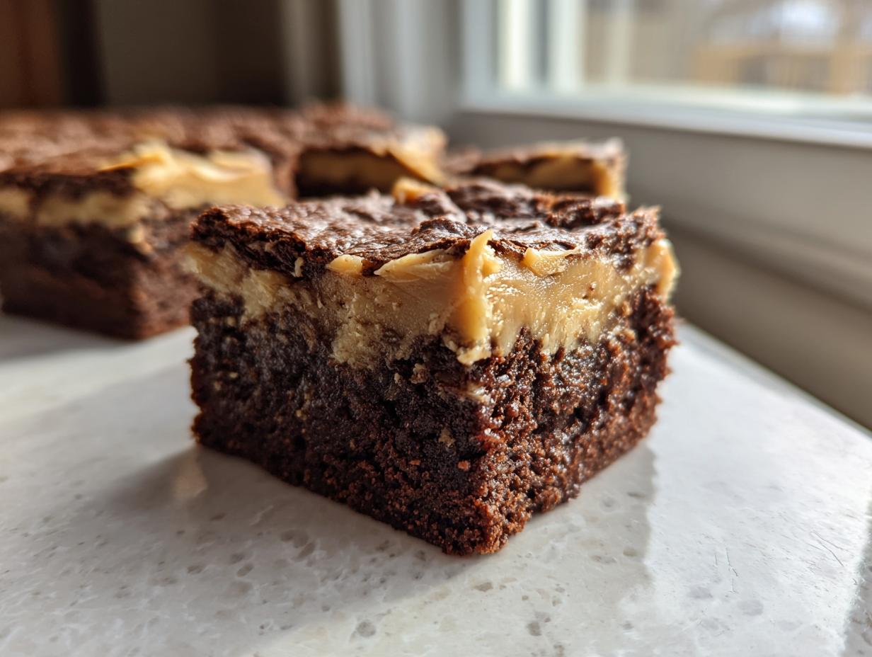A rich, fudgy square of banana bread brownies topped with a thick layer of peanut butter swirl, sitting on a light counter.