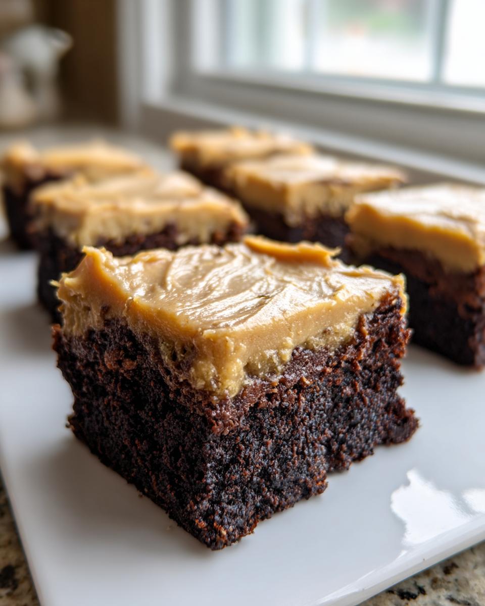 A close-up of a rich, fudgy banana bread brownies square topped with thick peanut butter frosting.