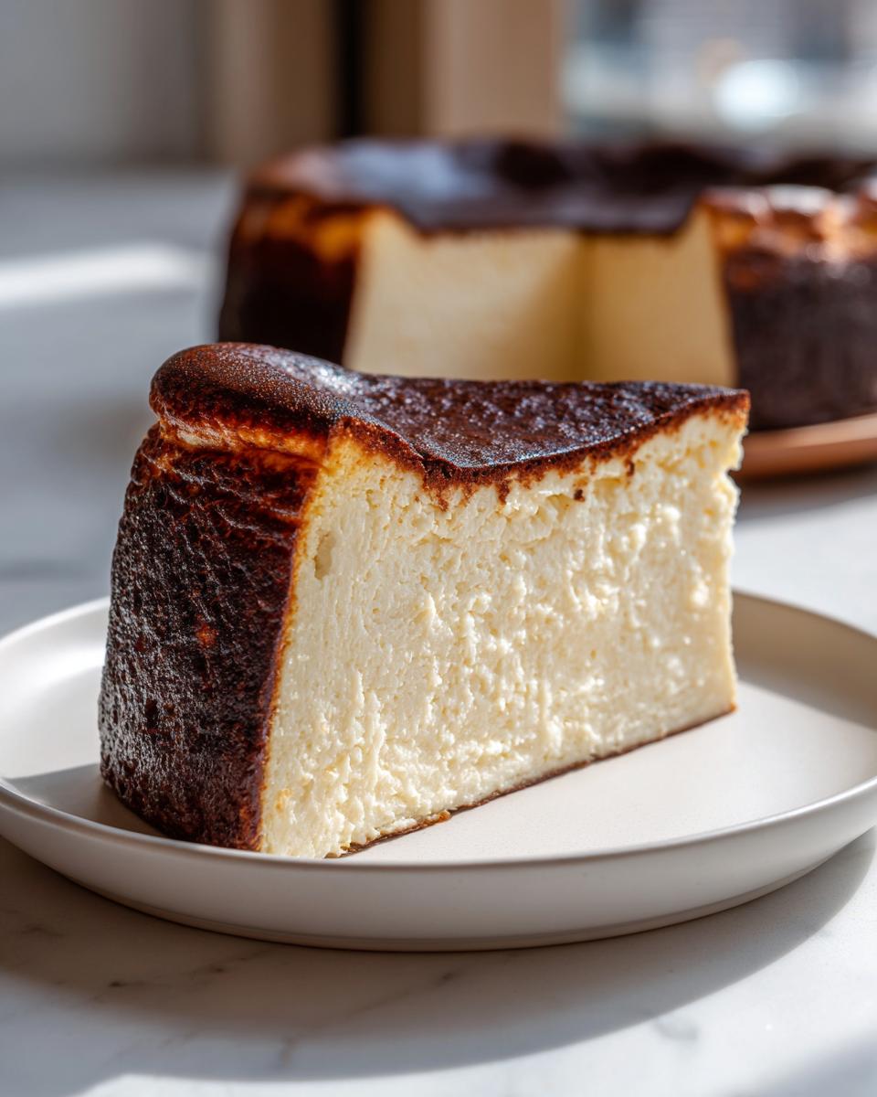 A thick slice of creamy Basque burnt cheesecake with a deeply caramelized top, served on a white plate.