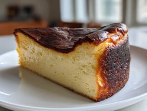 A close-up of a creamy slice of Basque burnt cheesecake showing its signature dark, caramelized crust.