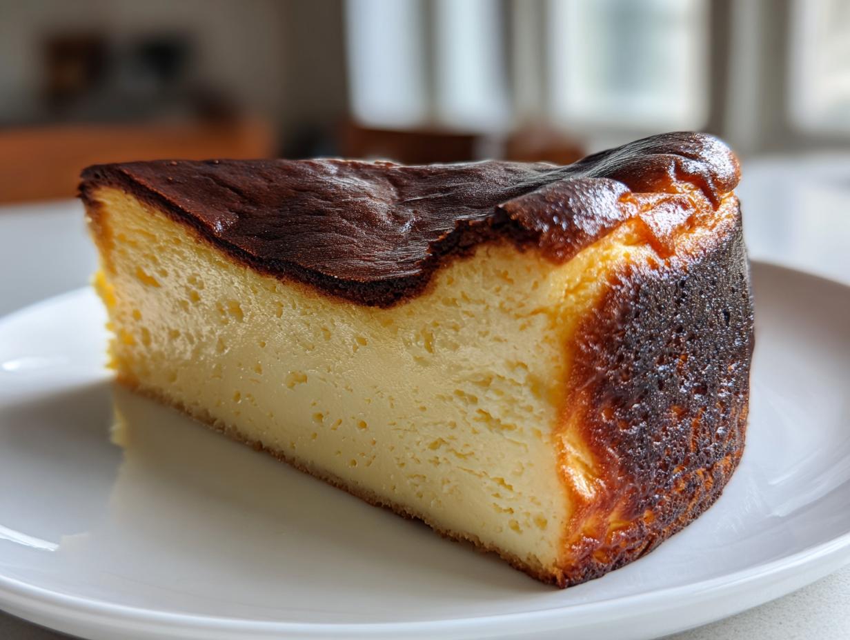 A close-up of a creamy slice of Basque burnt cheesecake showing its signature dark, caramelized crust.