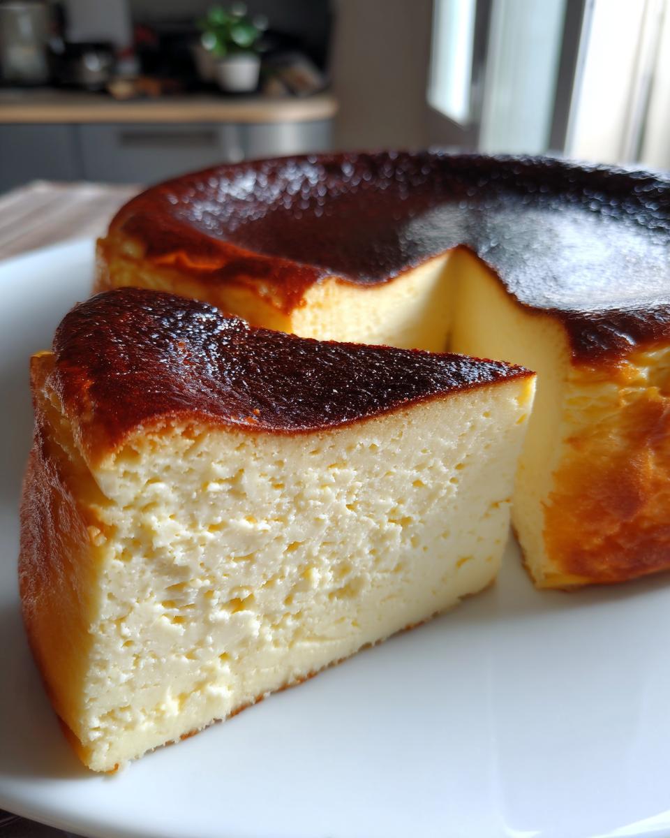 Close-up of a creamy slice of Basque burnt cheesecake with a dark, caramelized top.
