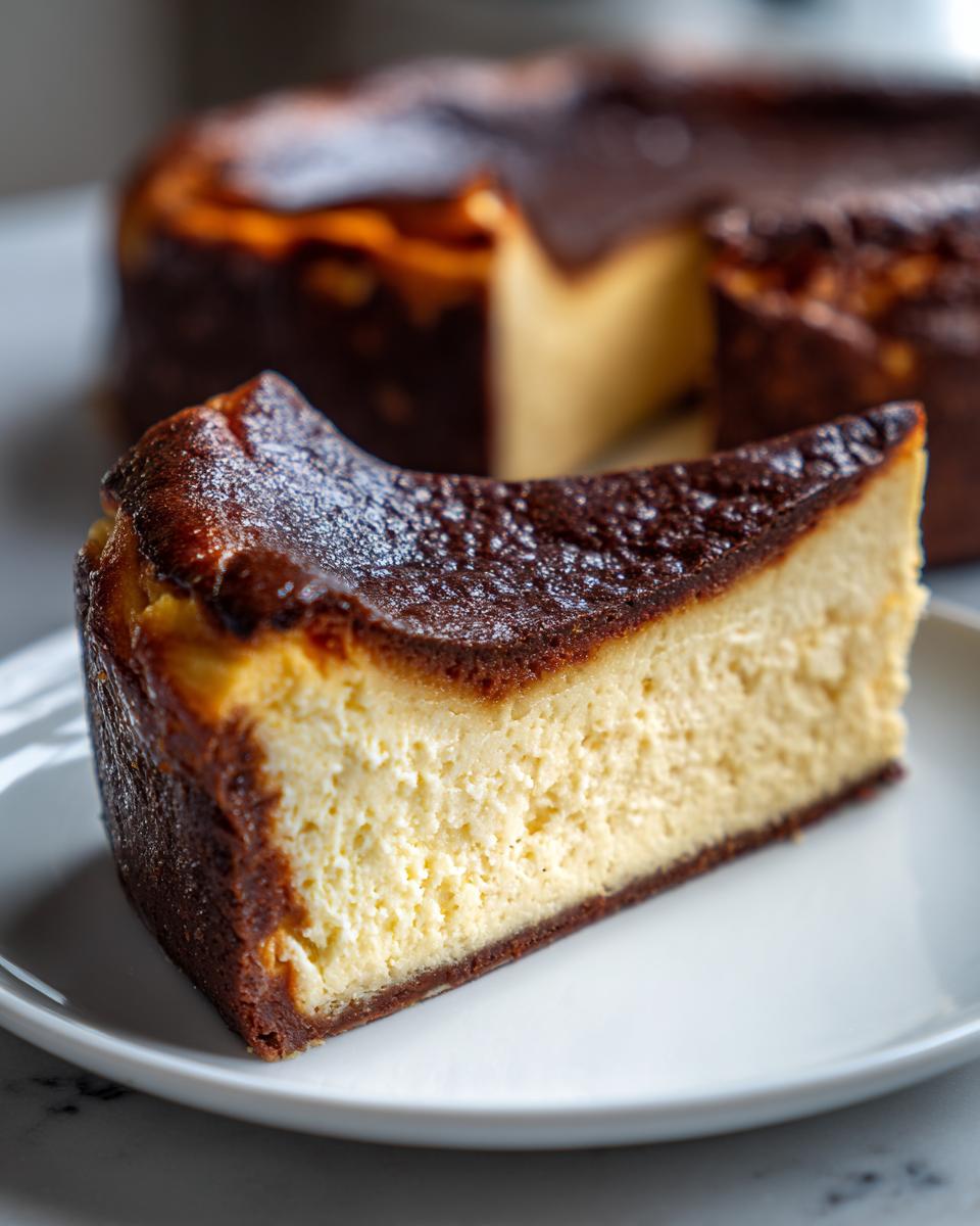 A thick slice of creamy Basque burnt cheesecake with a deeply caramelized top, served on a white plate.