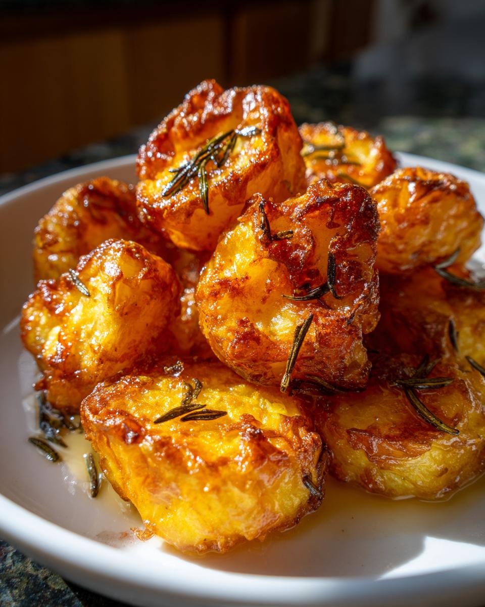 Close-up of golden brown, crispy roast potatoes seasoned with fresh rosemary sprigs.