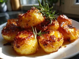 A close-up of golden brown, crispy roast potatoes garnished with fresh rosemary sprigs.
