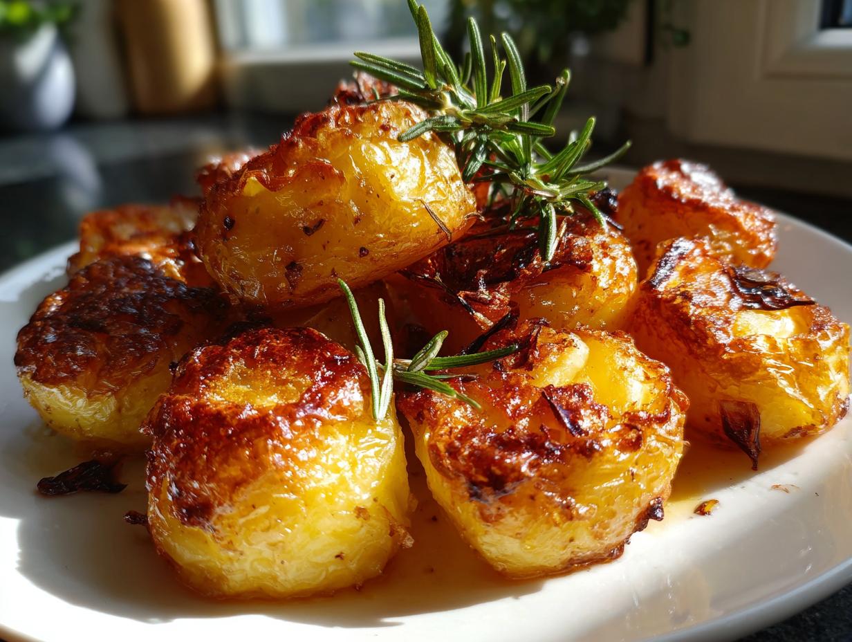A close-up of golden brown, crispy roast potatoes garnished with fresh rosemary sprigs.