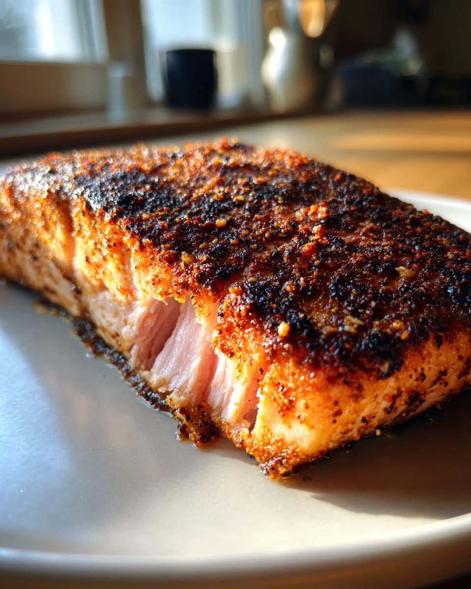 Close-up of a perfectly cooked piece of blackened salmon showing the flaky pink interior and dark spice crust.