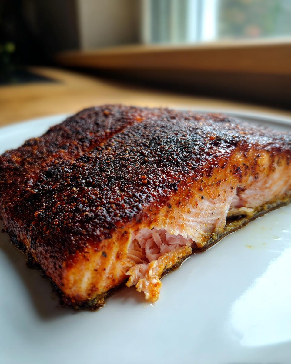 Close-up of a flaky, moist piece of blackened salmon resting on a white plate, showing the dark spice crust.