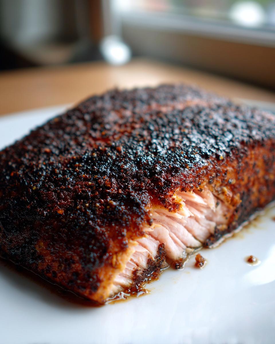 Close-up of a perfectly cooked piece of blackened salmon showing the dark spice crust and flaky pink interior.
