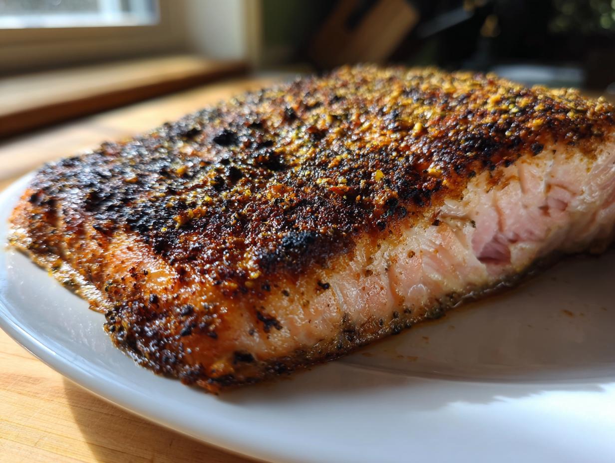 Close-up of a perfectly cooked piece of blackened salmon showing a dark, heavily spiced crust and moist pink interior.