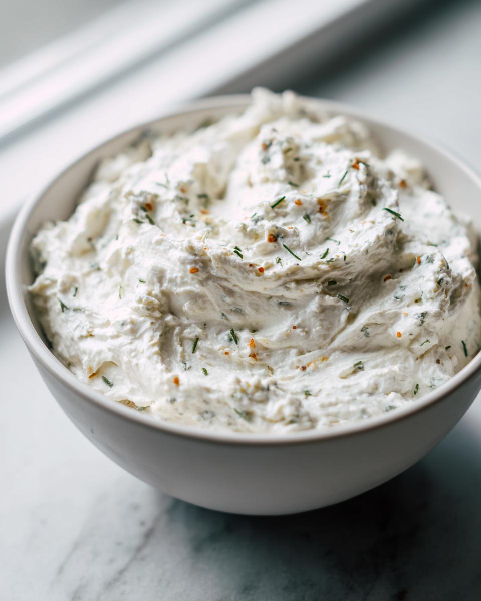 Close-up of a white bowl filled with thick, creamy blue cheese dip sprinkled with green herbs and spices.